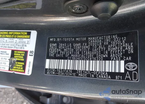 2012 Toyota Corolla L z USA, uszkodzony, nr VIN 2T1BU4EE5CC816320